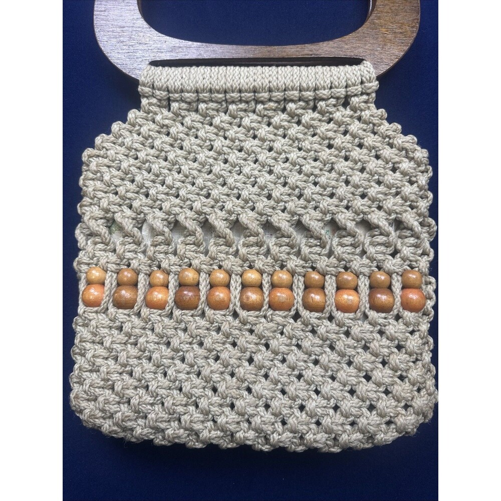 Vintage Macrame Handbag Purse Wood Handles Beige Boho Hippie Handmade 1970s - Picture 2 of 12